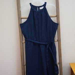 Navy jumper dress with tie waist; size L